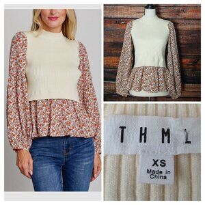 THML Top XS Layered Look Cream Mock Neck Balloon Sleeve
